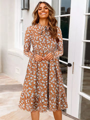 Casual Jewel Neck With Long Sleeve Bows Floral Print Midi Dress