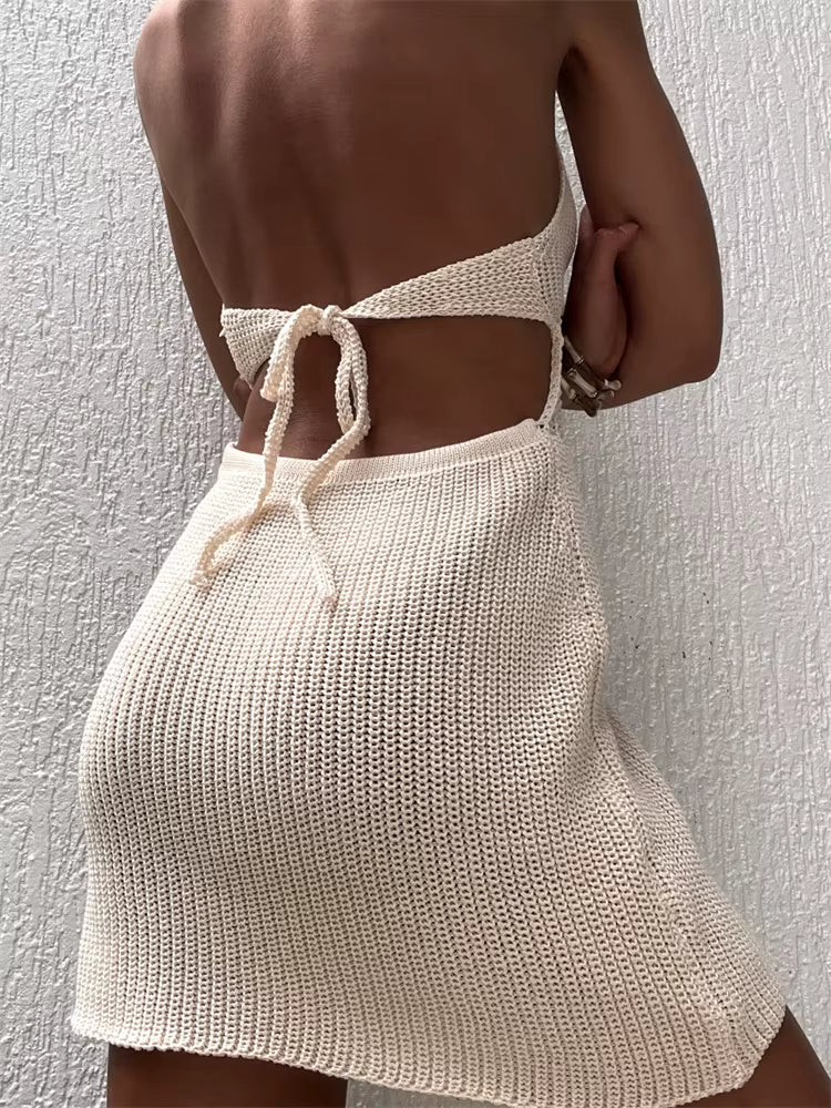 Casual Knitted Deep V-neck Halter Off Shoulder Patchwork Solid Color Tie-up Backless Mini Dress