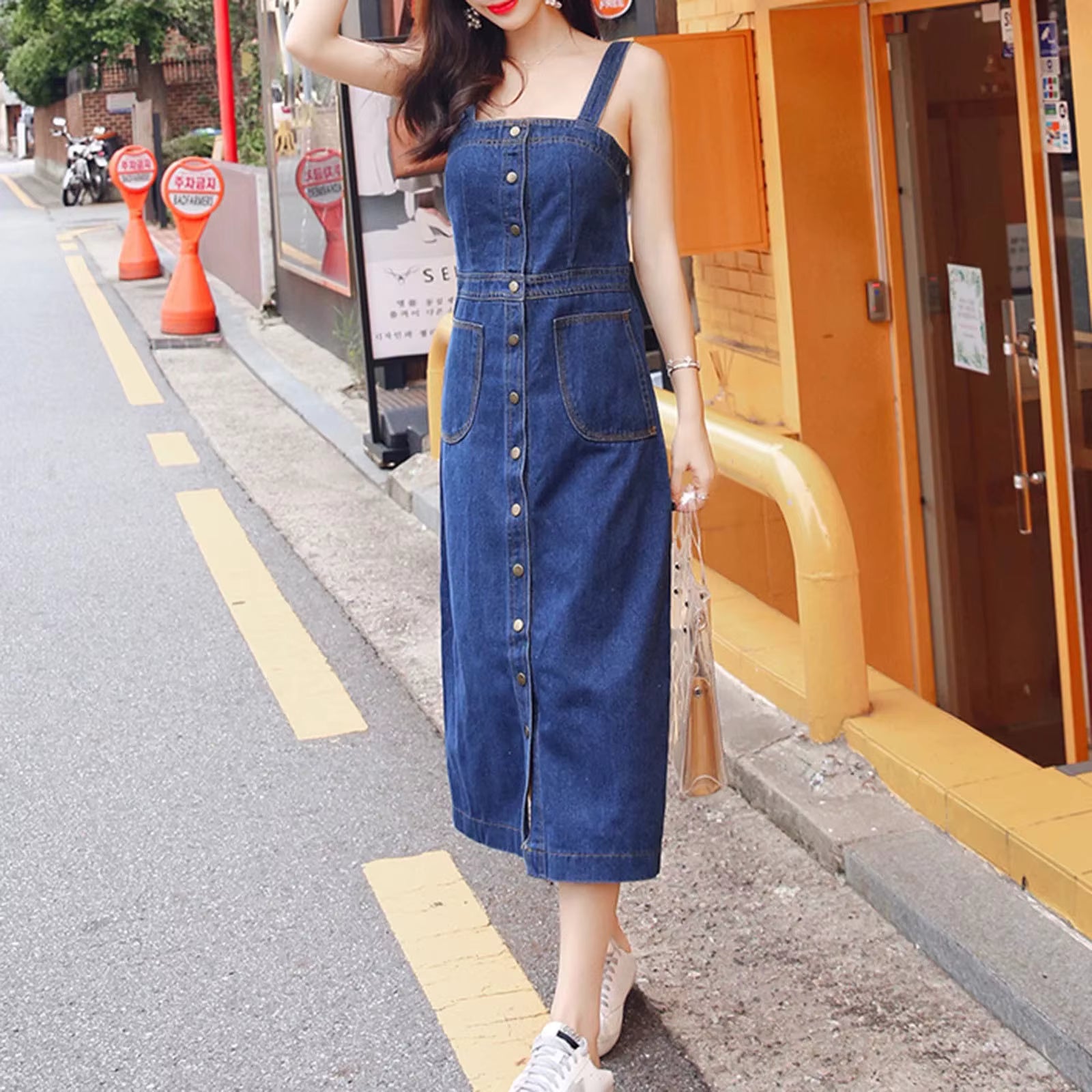 Casual Knitted Single Breasted Denim Regular Fit Midi Jumpsuit