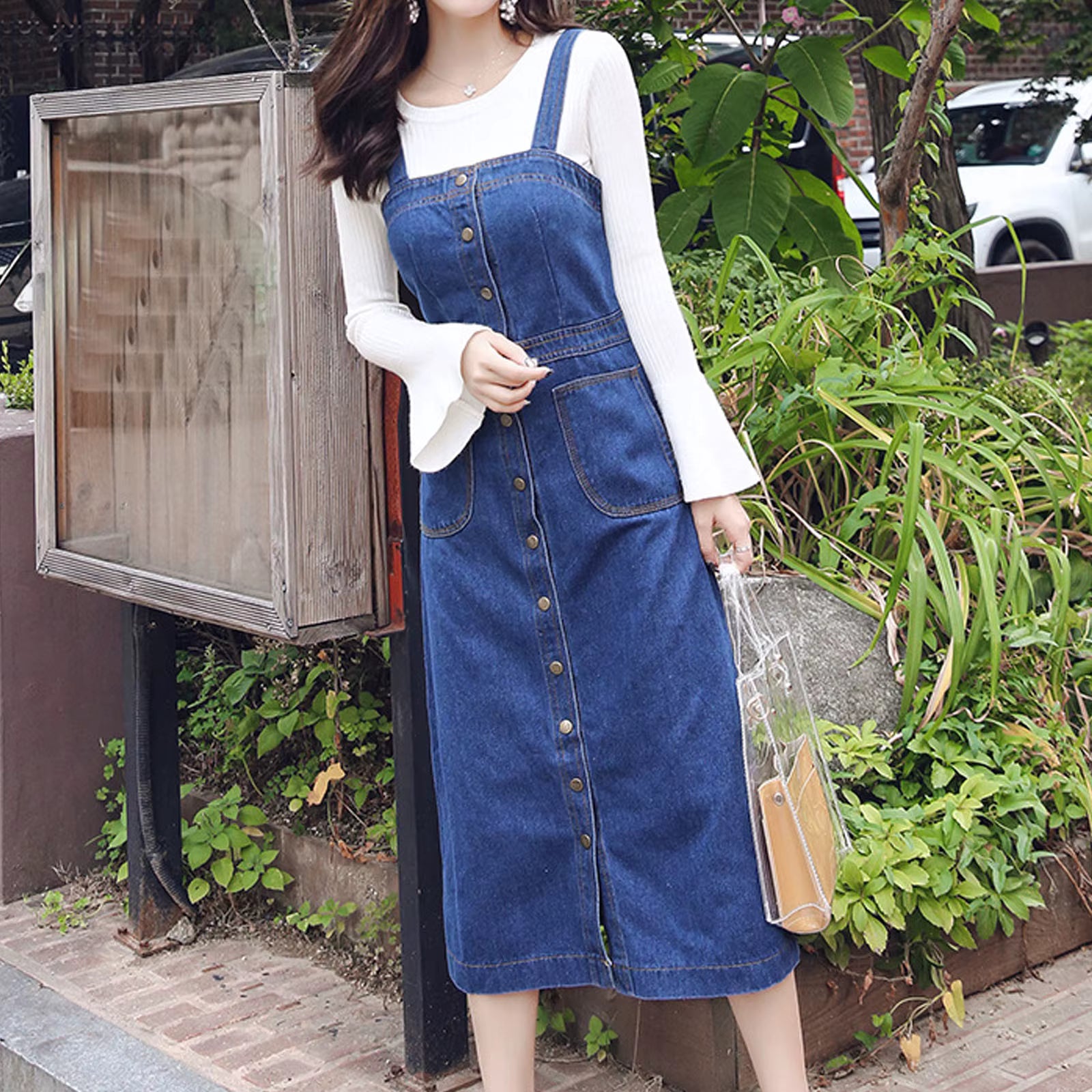 Casual Knitted Single Breasted Denim Regular Fit Midi Jumpsuit
