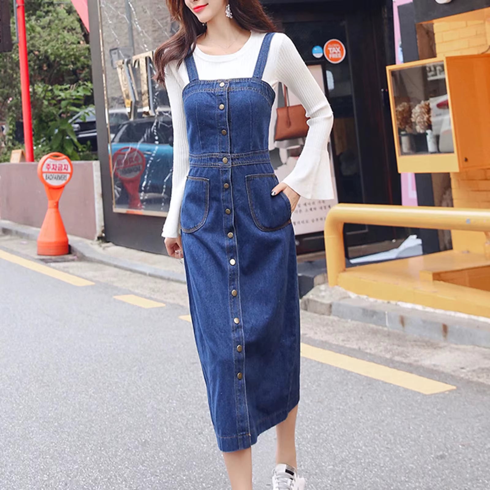 Casual Knitted Single Breasted Denim Regular Fit Midi Jumpsuit
