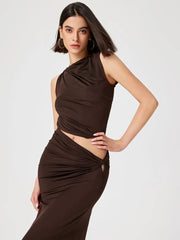 Casual Knitted Solid Color Slim Sleeveless Pullover Vacation Long Skirt Set