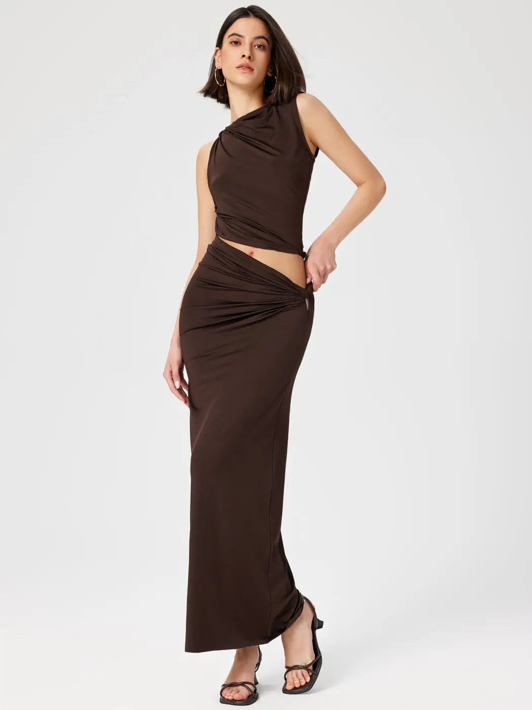 Casual Knitted Solid Color Slim Sleeveless Pullover Vacation Long Skirt Set