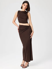 Casual Knitted Solid Color Slim Sleeveless Pullover Vacation Long Skirt Set