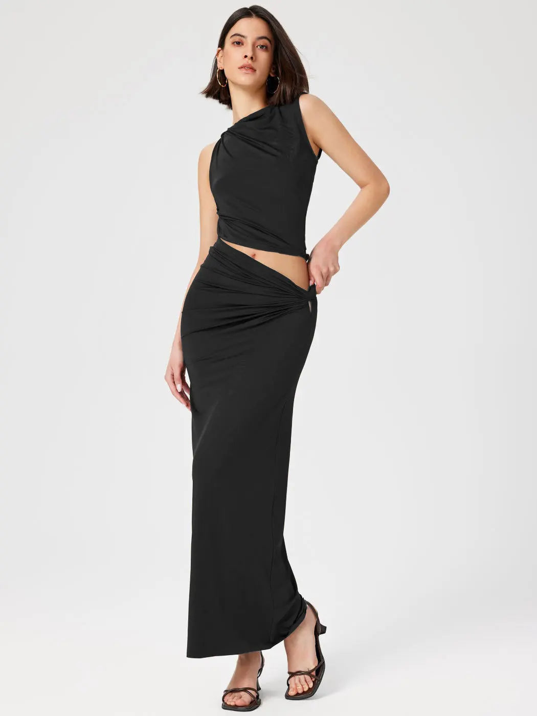 Casual Knitted Solid Color Slim Sleeveless Pullover Vacation Long Skirt Set