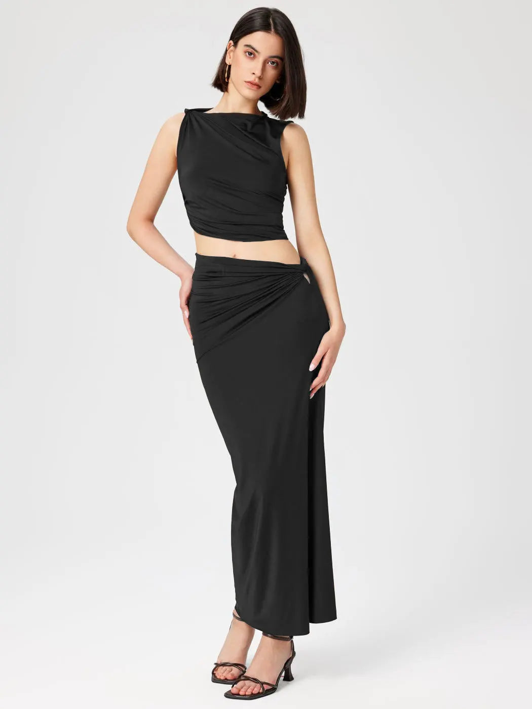 Casual Knitted Solid Color Slim Sleeveless Pullover Vacation Long Skirt Set