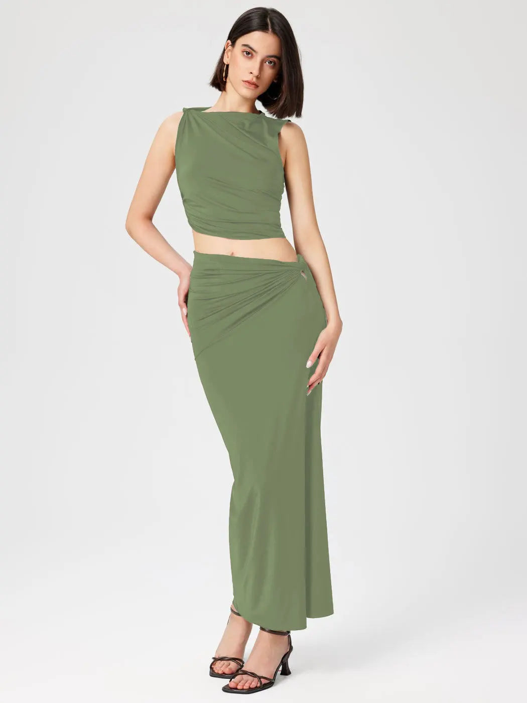 Casual Knitted Solid Color Slim Sleeveless Pullover Vacation Long Skirt Set