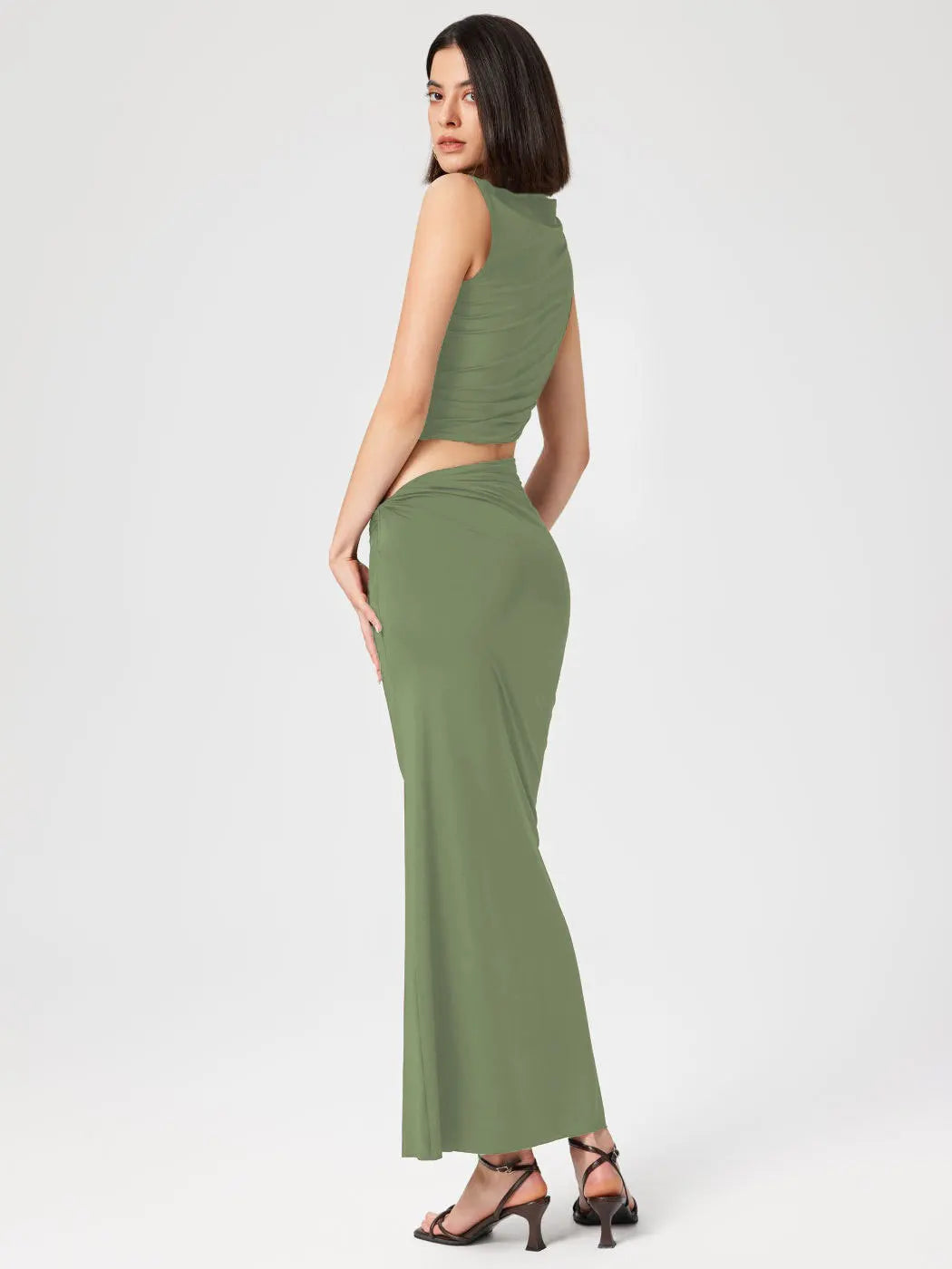 Casual Knitted Solid Color Slim Sleeveless Pullover Vacation Long Skirt Set