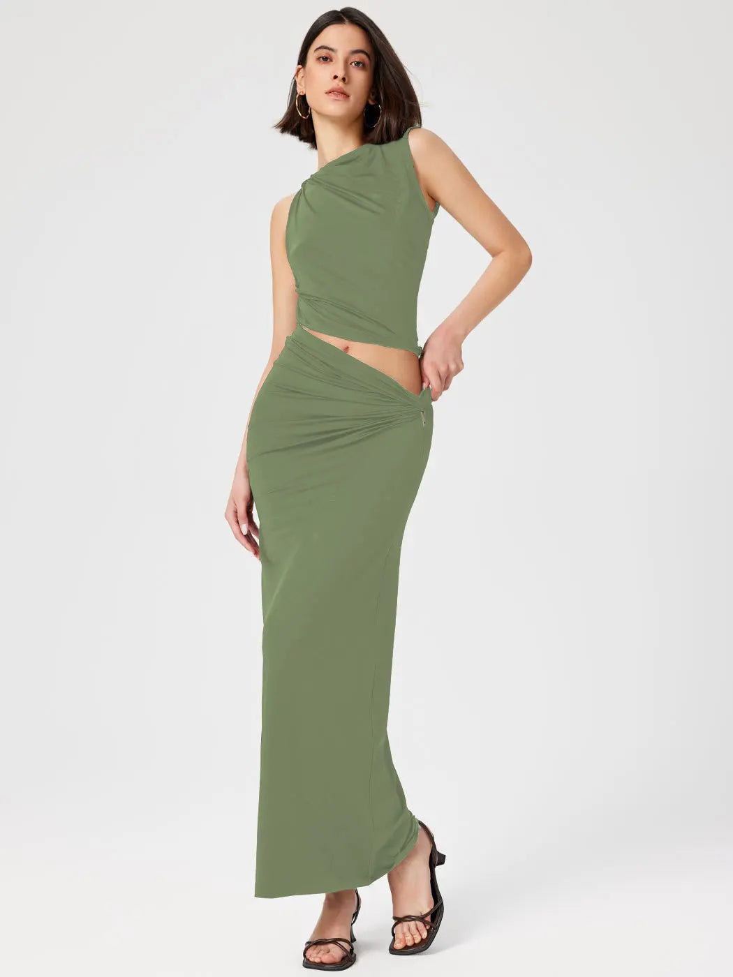 Casual Knitted Solid Color Slim Sleeveless Pullover Vacation Long Skirt Set