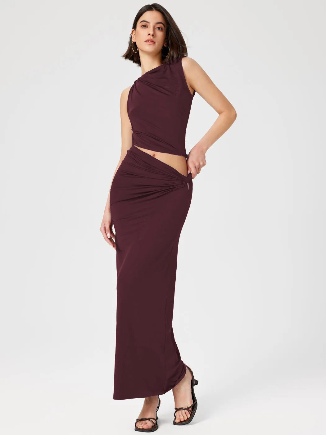 Casual Knitted Solid Color Slim Sleeveless Pullover Vacation Long Skirt Set