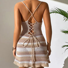 Casual Knitted Spaghetti Strap Twisted Crochet Cutout Mini Dress