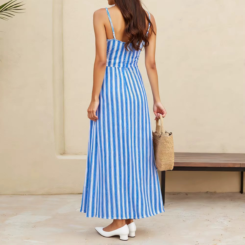 Casual Knitted Stripe Sleeveless Pullover Slight Stretch Mid-Calf Dress