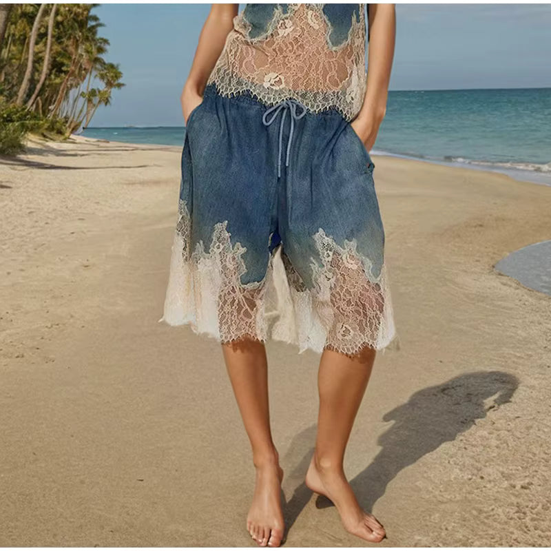 Casual Lace Denim Vest Drawstring Shorts Strap V-neck Backless Top Two Piece Set