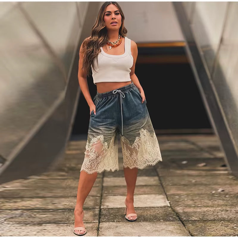 Casual Lace Denim Vest Drawstring Shorts Strap V-neck Backless Top Two Piece Set