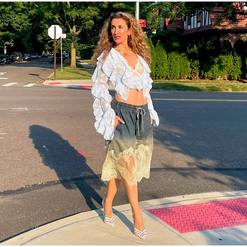 Casual Lace Denim Vest Drawstring Shorts Strap V-neck Backless Top Two Piece Set