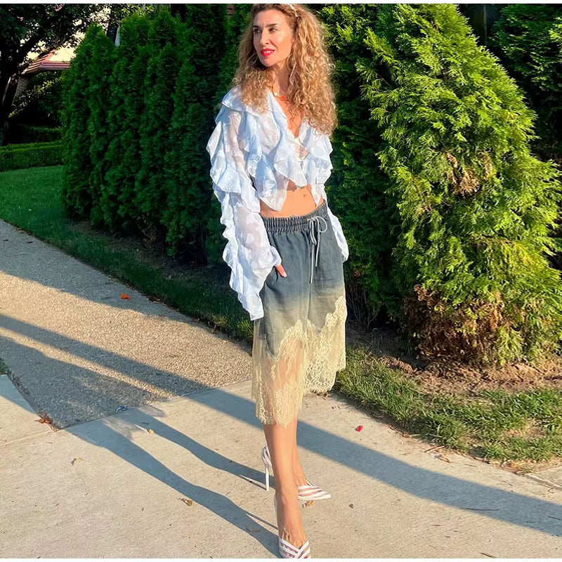 Casual Lace Denim Vest Drawstring Shorts Strap V-neck Backless Top Two Piece Set