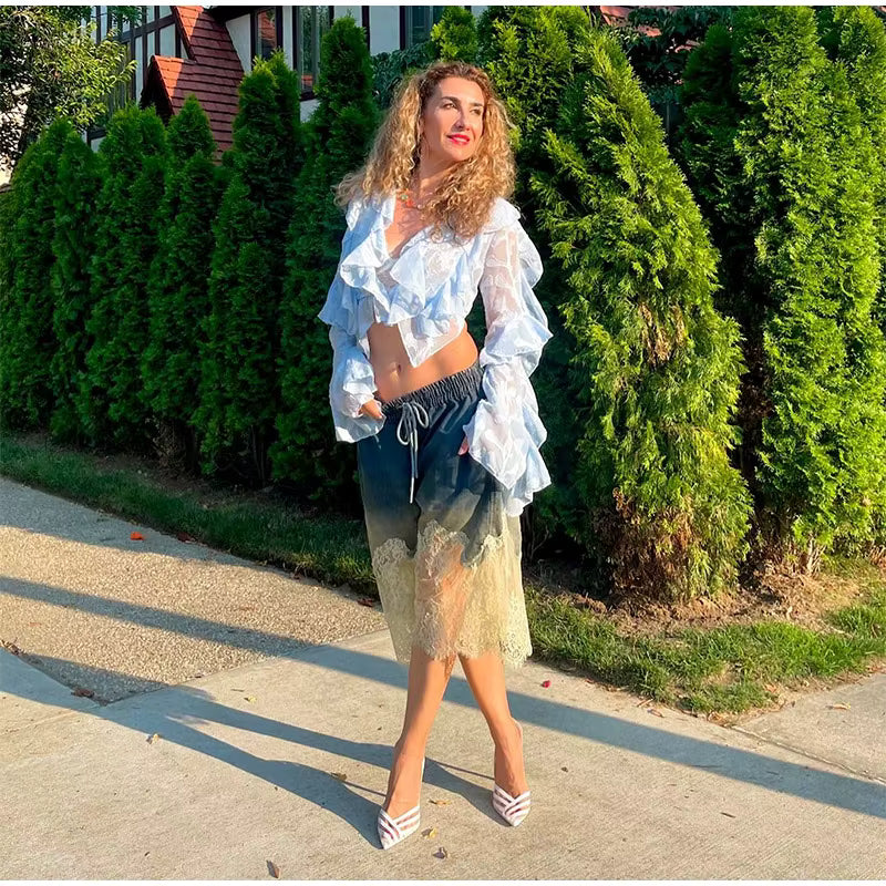 Casual Lace Denim Vest Drawstring Shorts Strap V-neck Backless Top Two Piece Set