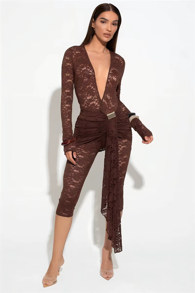 Casual Lace Draped Ruched Hollow Out Deep V Neck Long Sleeve Playsuits Romper