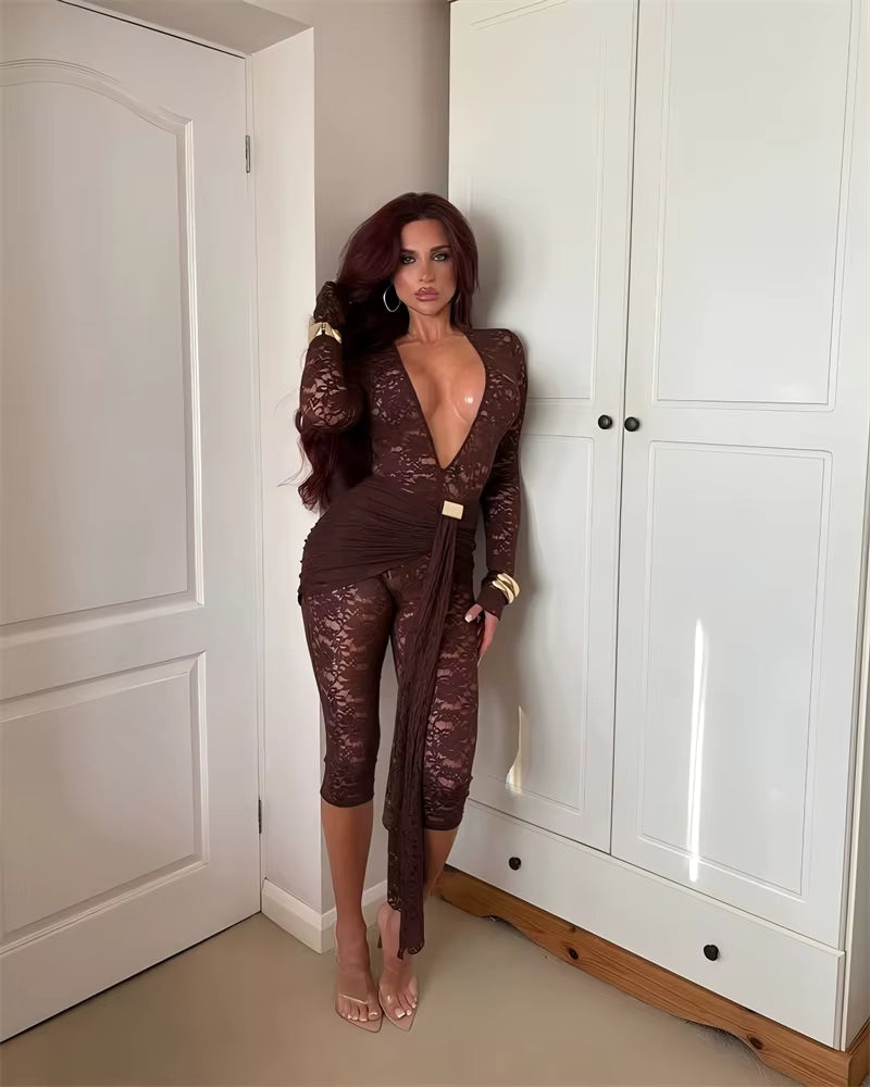 Casual Lace Draped Ruched Hollow Out Deep V Neck Long Sleeve Playsuits Romper