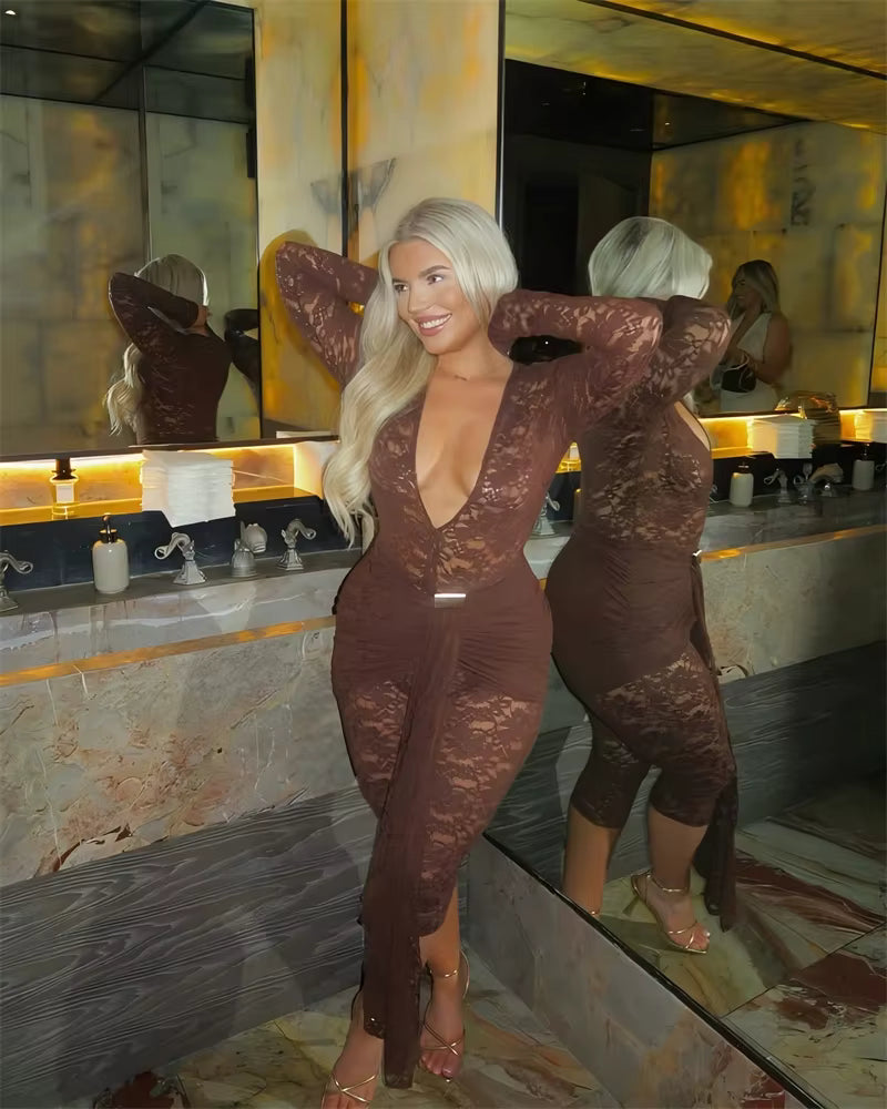 Casual Lace Draped Ruched Hollow Out Deep V Neck Long Sleeve Playsuits Romper