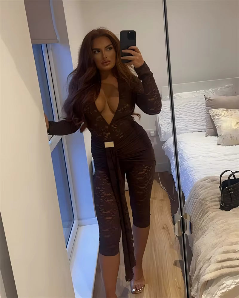Casual Lace Draped Ruched Hollow Out Deep V Neck Long Sleeve Playsuits Romper