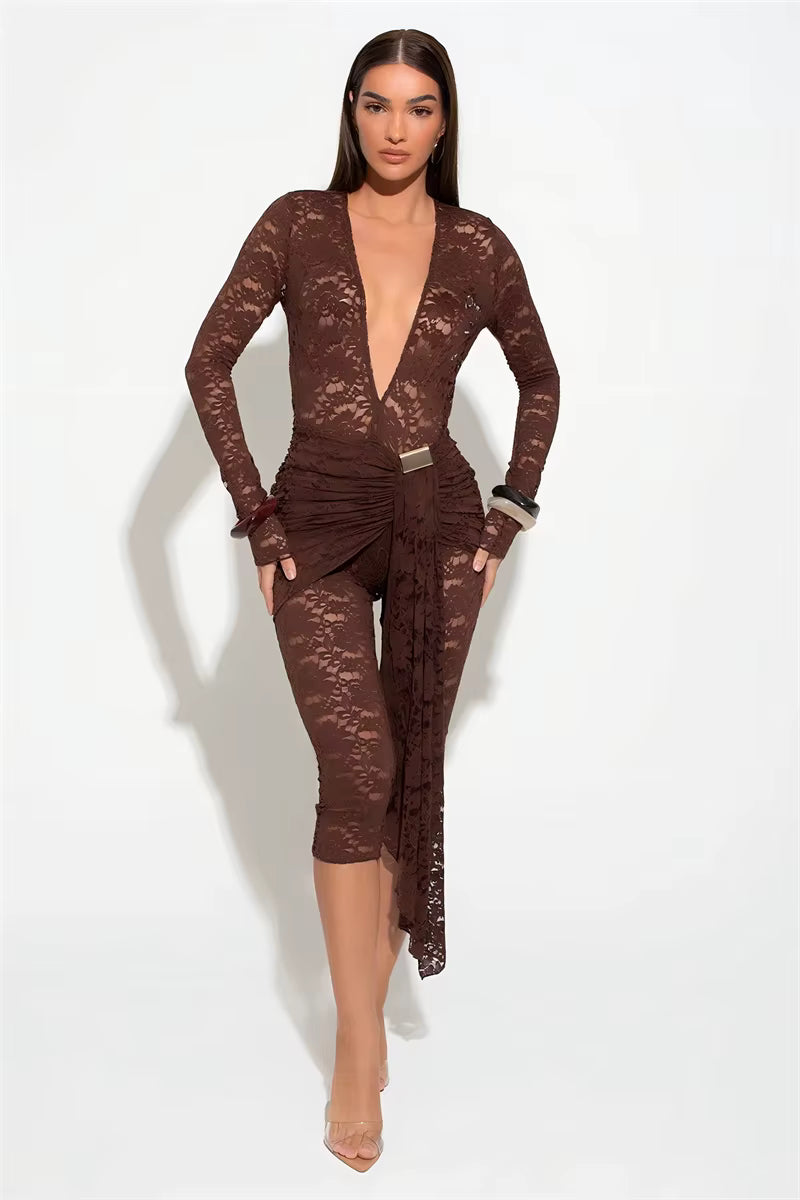 Casual Lace Draped Ruched Hollow Out Deep V Neck Long Sleeve Playsuits Romper