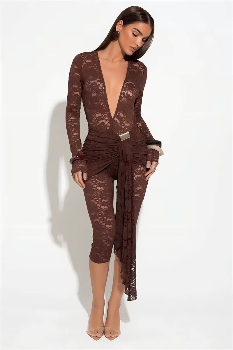 Casual Lace Draped Ruched Hollow Out Deep V Neck Long Sleeve Playsuits Romper