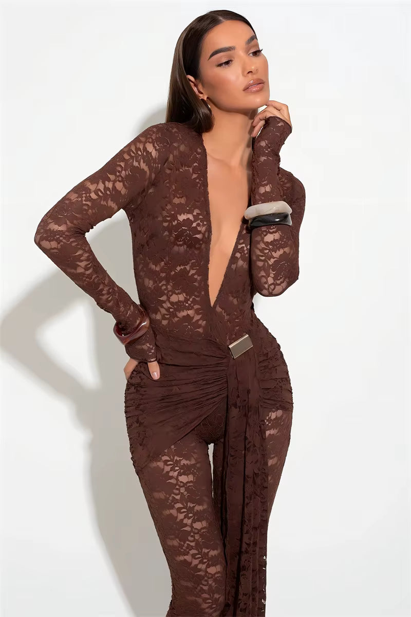 Casual Lace Draped Ruched Hollow Out Deep V Neck Long Sleeve Playsuits Romper