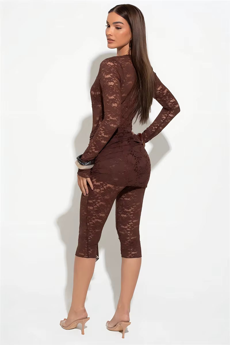Casual Lace Draped Ruched Hollow Out Deep V Neck Long Sleeve Playsuits Romper