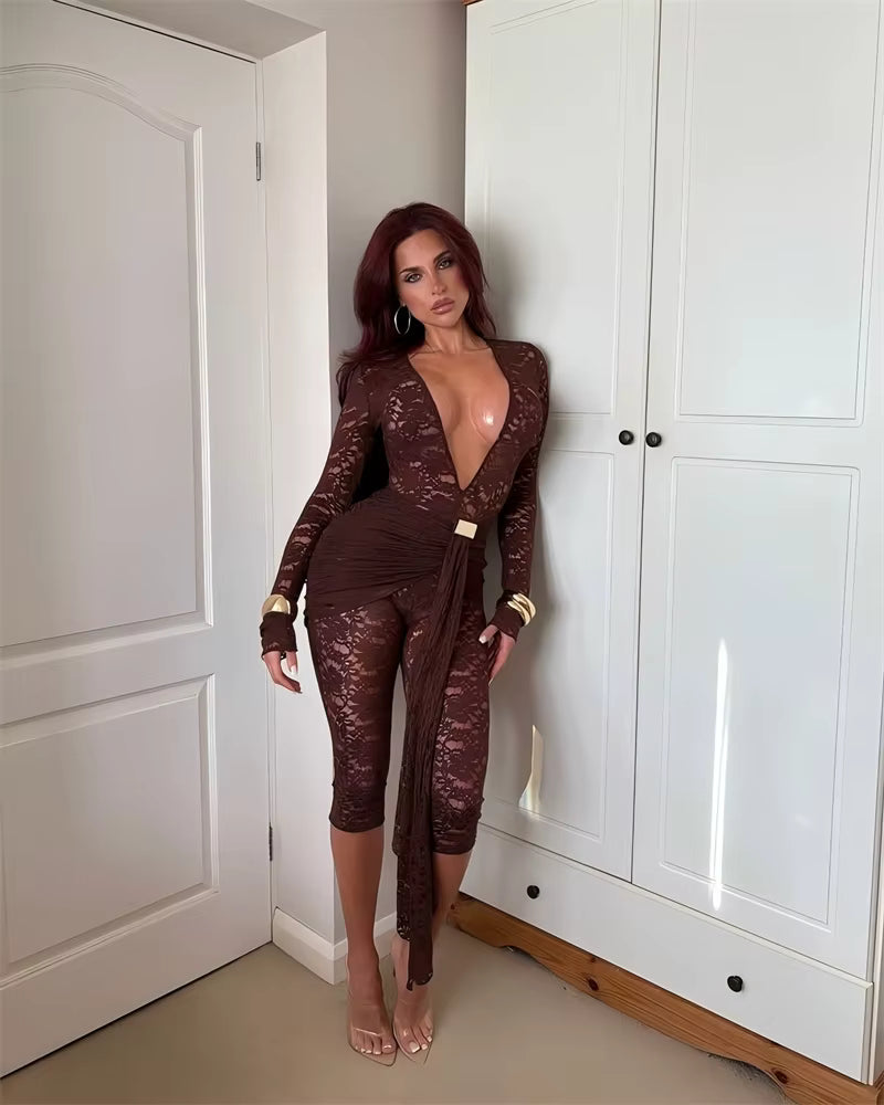 Casual Lace Draped Ruched Hollow Out Deep V Neck Long Sleeve Playsuits Romper