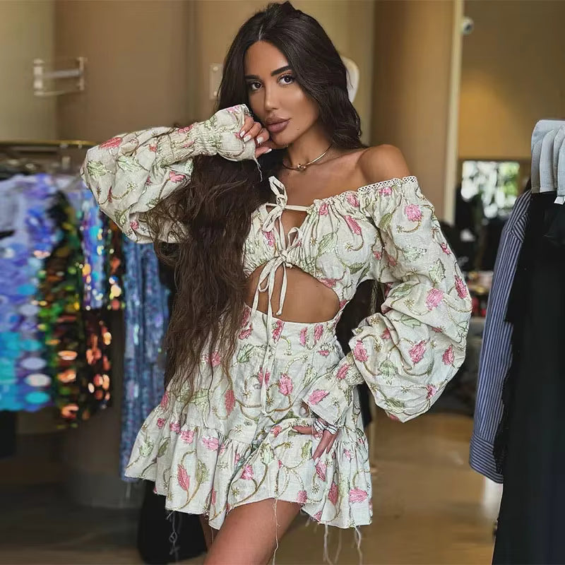 Casual Lace Hollow Out Slash Neck Long Sleeve A-line Print Off Shoulder Mini Dress