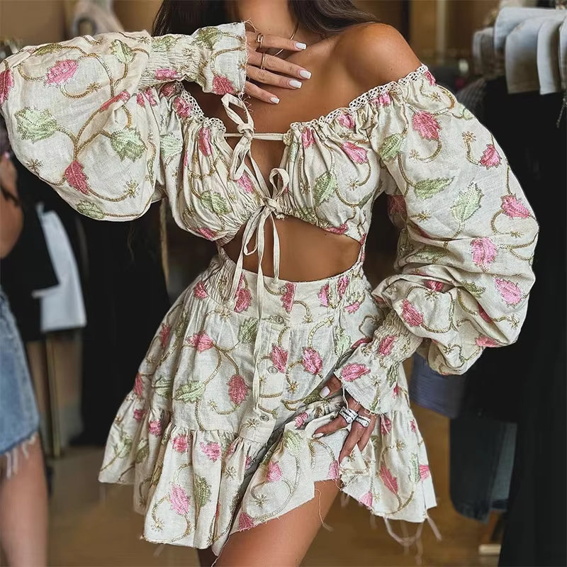 Casual Lace Hollow Out Slash Neck Long Sleeve A-line Print Off Shoulder Mini Dress