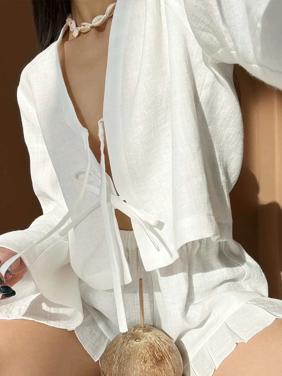 Casual Lace Up Long Sleeves Solid Color Shirt Top Shorts 2-Piece Set