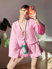 Casual Lace Up Long Sleeves Solid Color Shirt Top Shorts 2-Piece Set