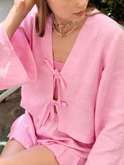 Casual Lace Up Long Sleeves Solid Color Shirt Top Shorts 2-Piece Set