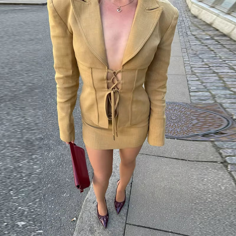 Casual Lace Up Shoulder Pads Jacket Hip Package Hollow Out Blazer Skirt Sets