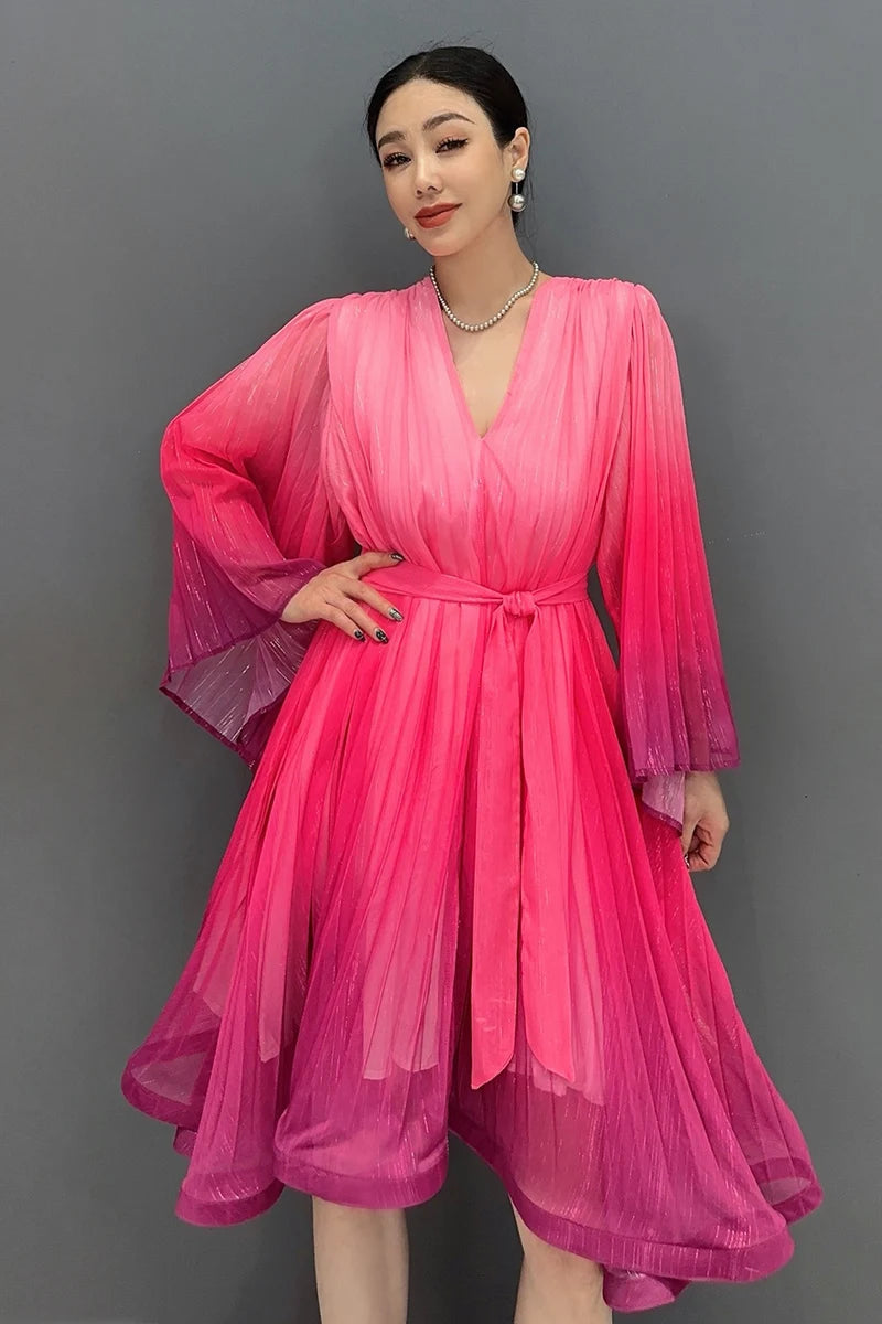 Casual Lace Up V-Neck Gradient Loose Mid Dresses
