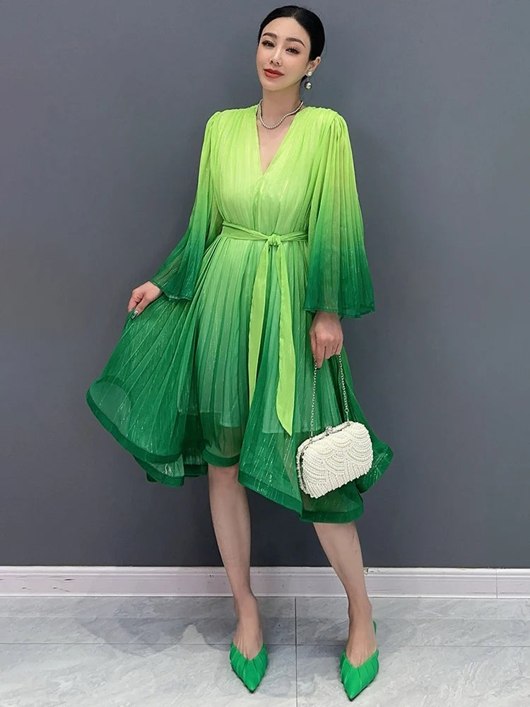 Casual Lace Up V-Neck Gradient Loose Mid Dresses
