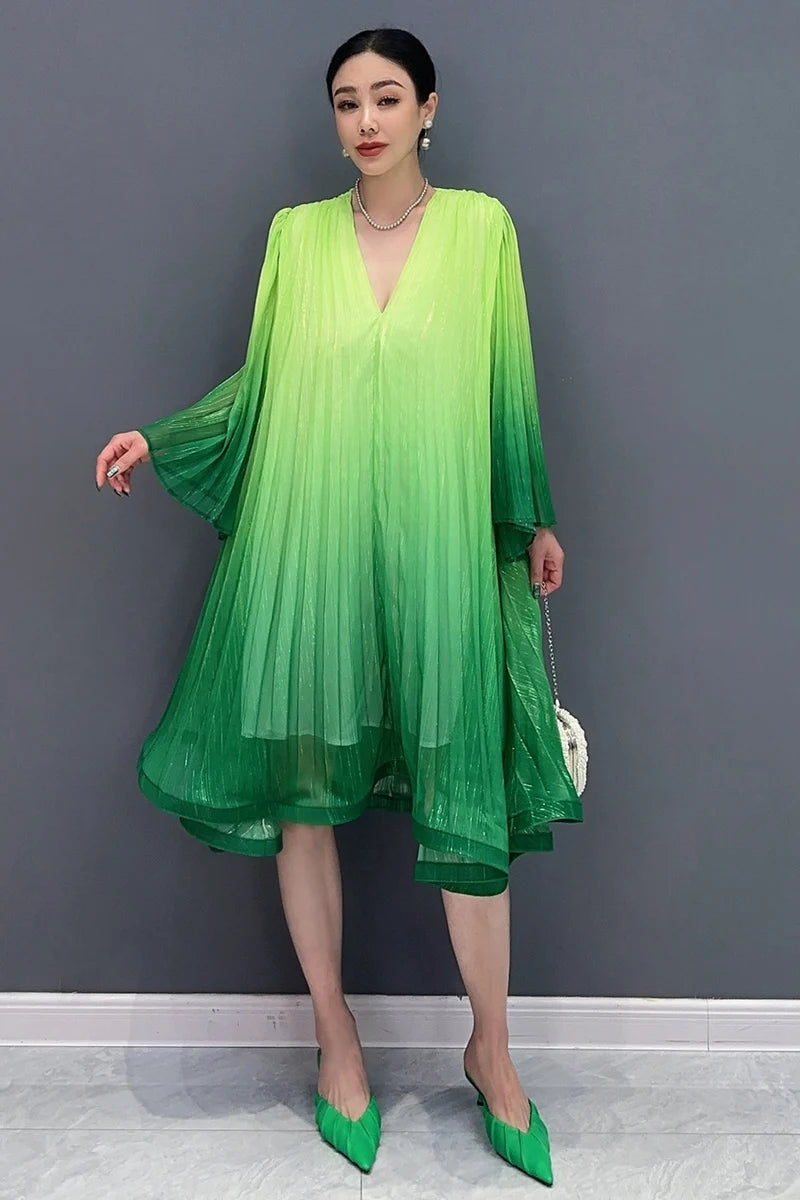 Casual Lace Up V-Neck Gradient Loose Mid Dresses