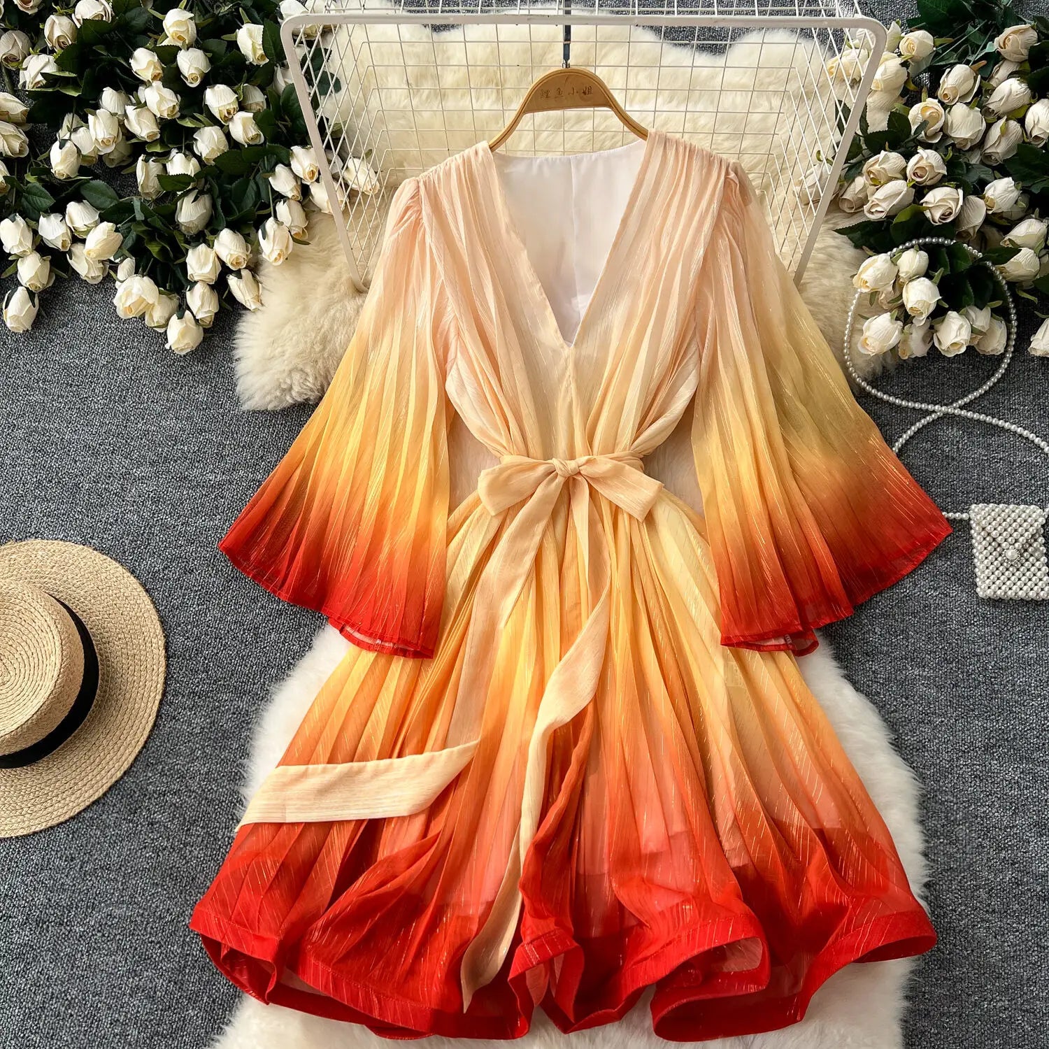 Casual Lace Up V-Neck Gradient Loose Mid Dresses