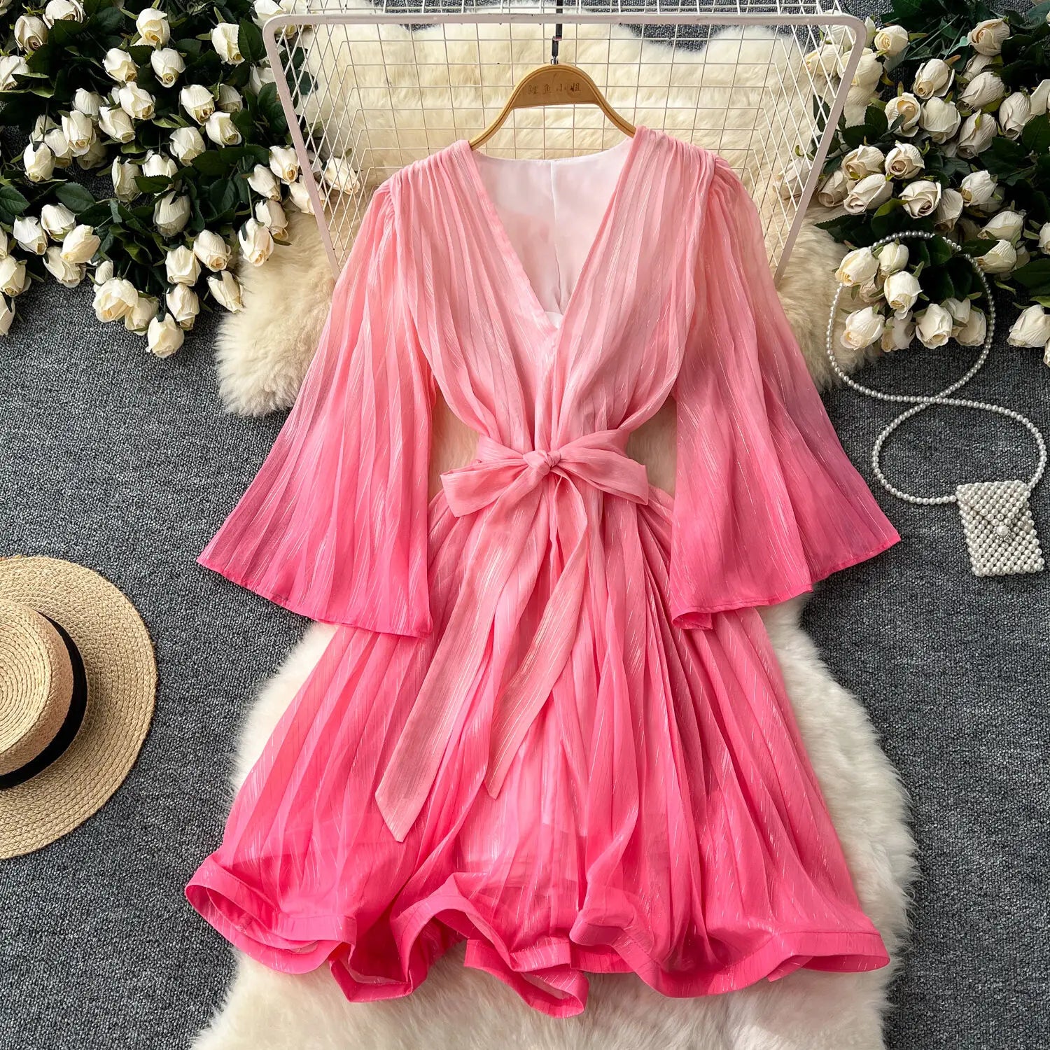 Casual Lace Up V-Neck Gradient Loose Mid Dresses