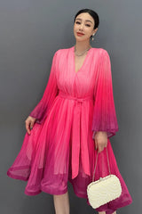 Casual Lace Up V-Neck Gradient Loose Mid Dresses