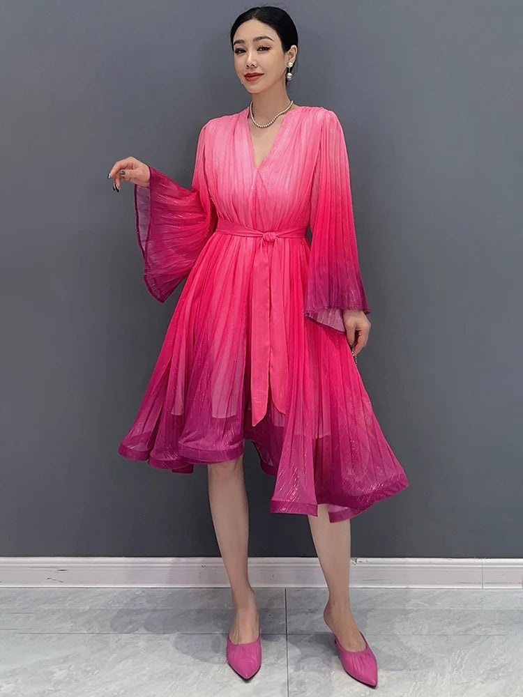 Casual Lace Up V-Neck Gradient Loose Mid Dresses