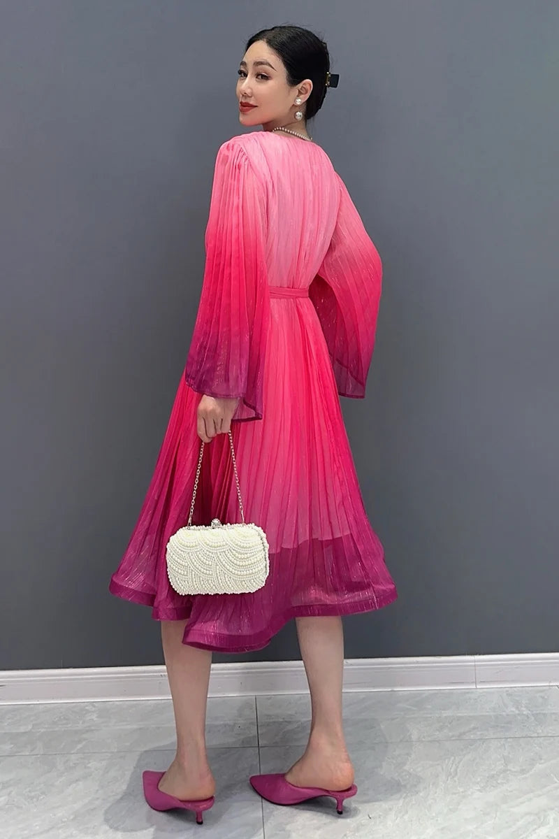 Casual Lace Up V-Neck Gradient Loose Mid Dresses