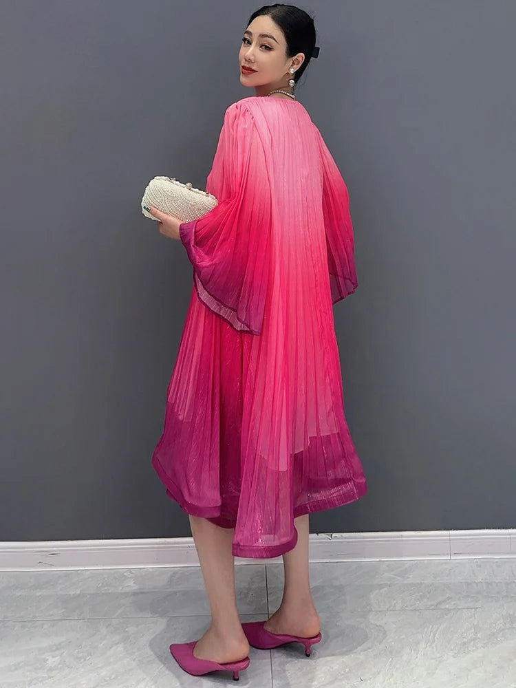 Casual Lace Up V-Neck Gradient Loose Mid Dresses