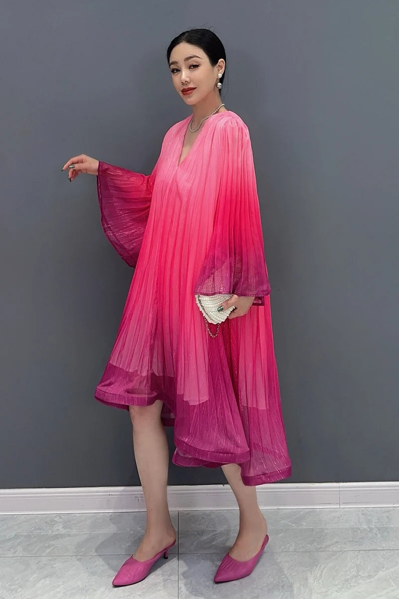 Casual Lace Up V-Neck Gradient Loose Mid Dresses