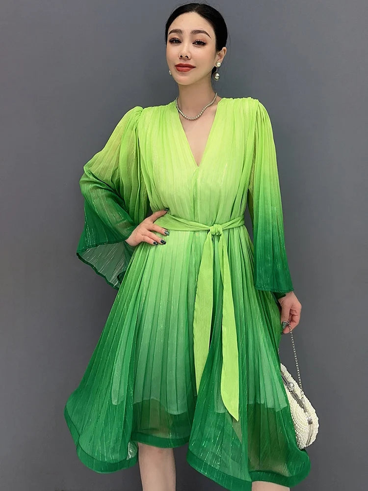 Casual Lace Up V-Neck Gradient Loose Mid Dresses