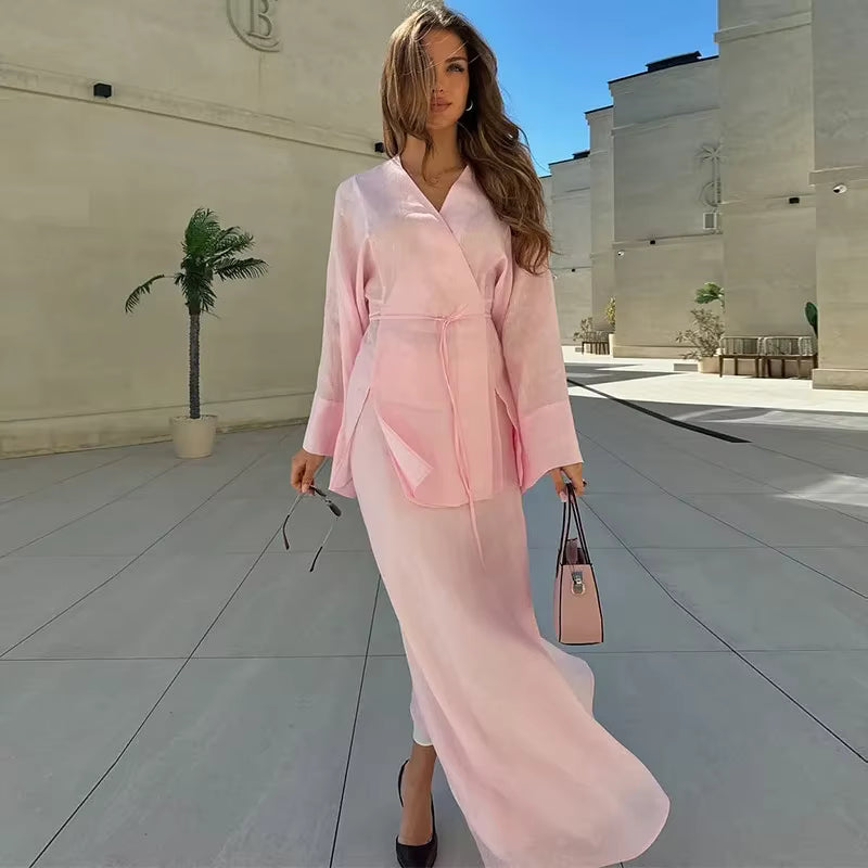 Casual Lace Up V-neck Full Sleeve Top High Waist A-line Long Skirts Two Piece Set
