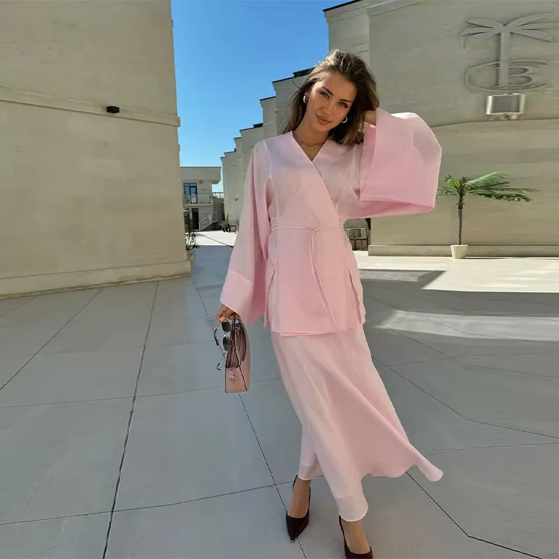 Casual Lace Up V-neck Full Sleeve Top High Waist A-line Long Skirts Two Piece Set