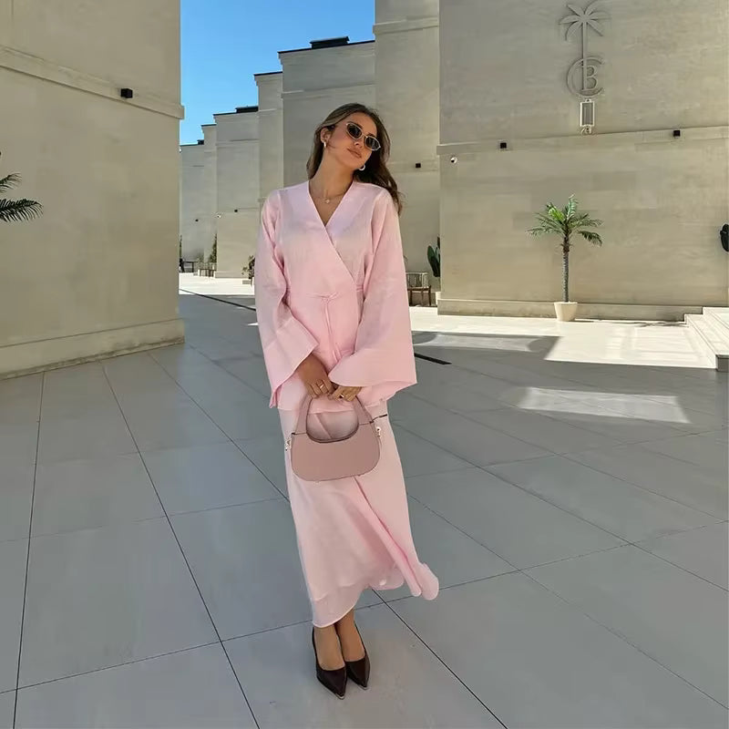 Casual Lace Up V-neck Full Sleeve Top High Waist A-line Long Skirts Two Piece Set
